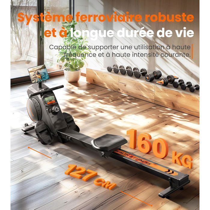YOSUDA Rameur magnétique silencieux, 16 résistances, APP, écran LCD, 160kg, pliable. Idéal cardio maison.