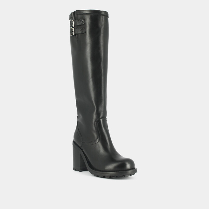 Bottes à talons, semelles crantées et bouts ronds  cuir noir