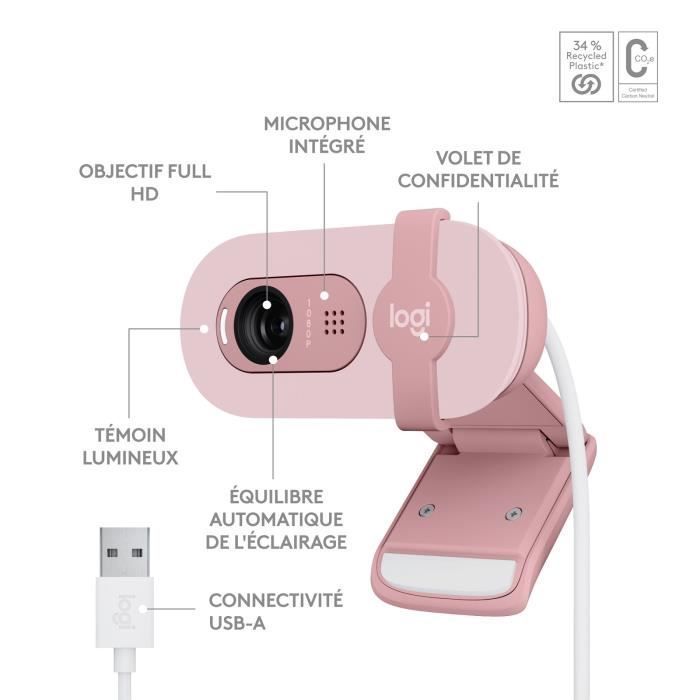 Cámara web - Full HD 1080p - Logitech - Brio 100 - Micrófono integrado - Rosa