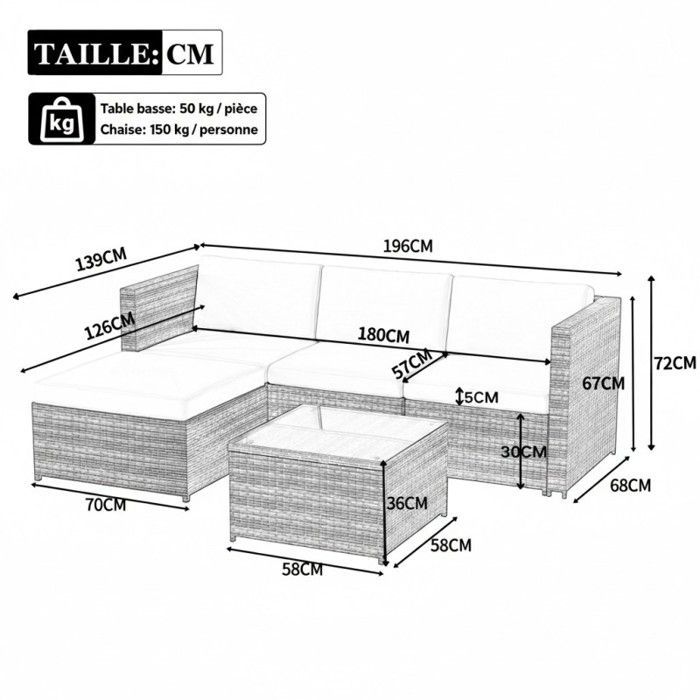 Conjunto de muebles de jardín para exteriores - LANGTU - Conjunto de salón esquinero - Poliratán gris - Fundas de cojín extraíbles - Mesa de cristal templado