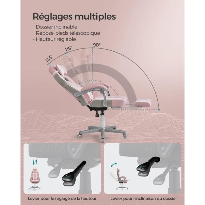 Office Chair - SONGMICS - Telescopic Footrest - Rocking Mechanism - Candy Pink and Cream White