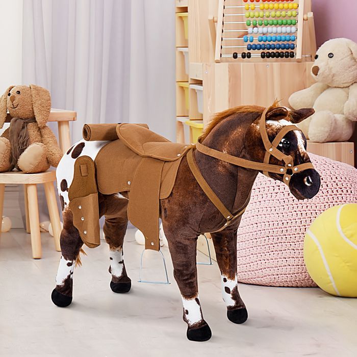 Juguete balancín - HOMCOM - Caballo de peluche de pie con efectos de sonido (relincho, galope, silla de montar) - Madera - 85x28x60cm - Marrón y blanco