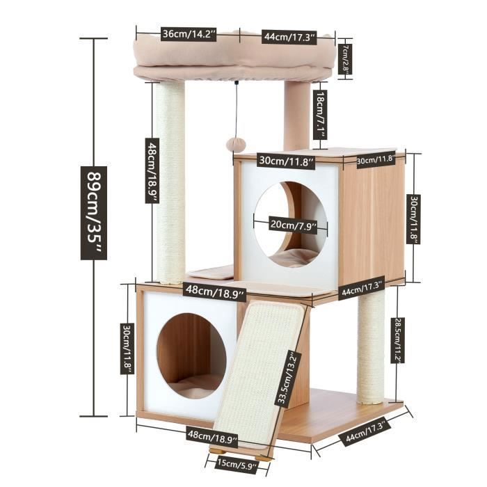 PAWZ Road Modern and Sturdy Wooden Cat Tree, Cat Tree with Scratching Post, Sisal, Hanging Pom-Pom, Basket, 89cm, Beige