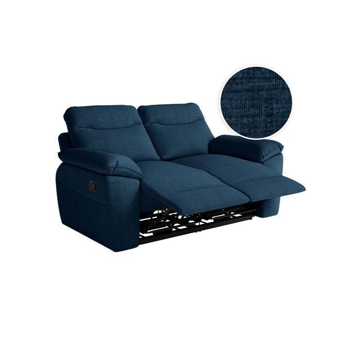 Sofá reclinável manual ROSS de 2 lugares em tecido texturizado 3D - Azul escuro - L160 x P100 x A102cm - LOUNGITUDE