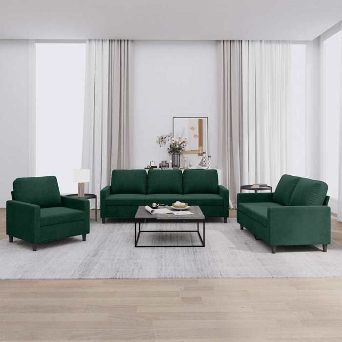 Conjunto de sofá de veludo - vidaXL - 3 peças - Verde escuro - Veludo - Poltrona - Sofá de 2 lugares - Sofá de 3 lugares