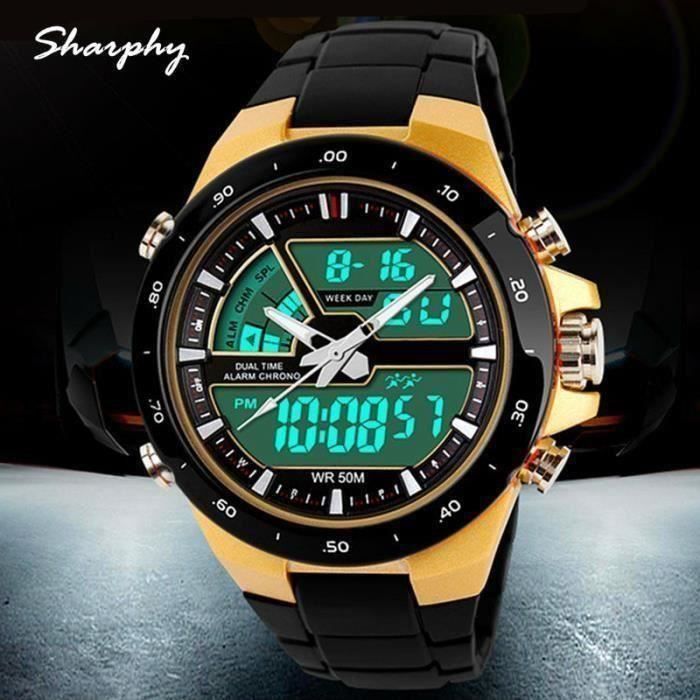 Orologio sportivo da uomo SHARPHY® Superb con doppio display digitale/analogico a LED, impermeabile, stile militare, oro.