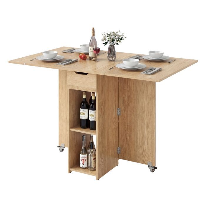 Table de Cuisine Pliable 4-6 Personnes - LIFEZEAL - Tiroir et 2 Etagères - 2 Roues - Table à Manger Extensible 120X72X75CM -Naturel