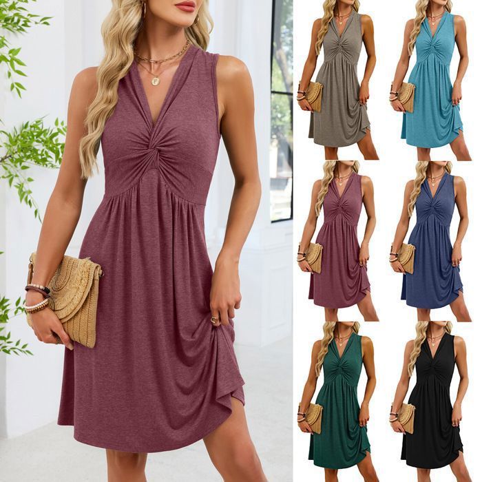 Elegantes ärmelloses Damenkleid mit bequemem V-Ausschnitt, Schwarz