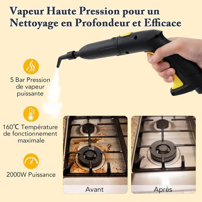 Limpiador a vapor COSTWAY de 2000 W para chinches, 5 BAR-19 accesorios, depósito de 1,8 L, rueda universal, 160 ℃, 35 min de autonomía, amarillo
