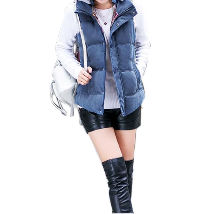 Chaqueta acolchada para mujer, ultraligera sin mangas con cremallera para invierno, chaqueta acolchada de plumas de color liso con capucha - Azul