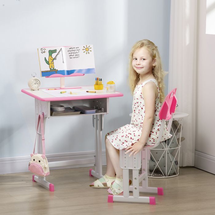 HOMCOM children's desk and chair with reading stand, storage compartment, hook and pen holder - adjustable height - 60 x 45 x 90-102 cm