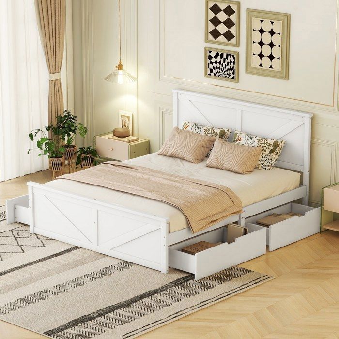 Cama de madera para adultos, cama con espacio de almacenamiento, cama doble de 160 x 200 cm con 4 cajones, cabecero y somier de láminas - blanca