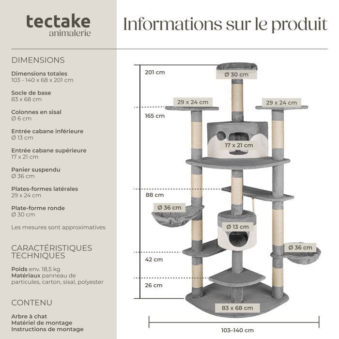 Árbol rascador para gatos - TECTAKE - FIPPI, 201 cm de altura, con poste rascador, hamacas y cuerda - Blanco/Gris