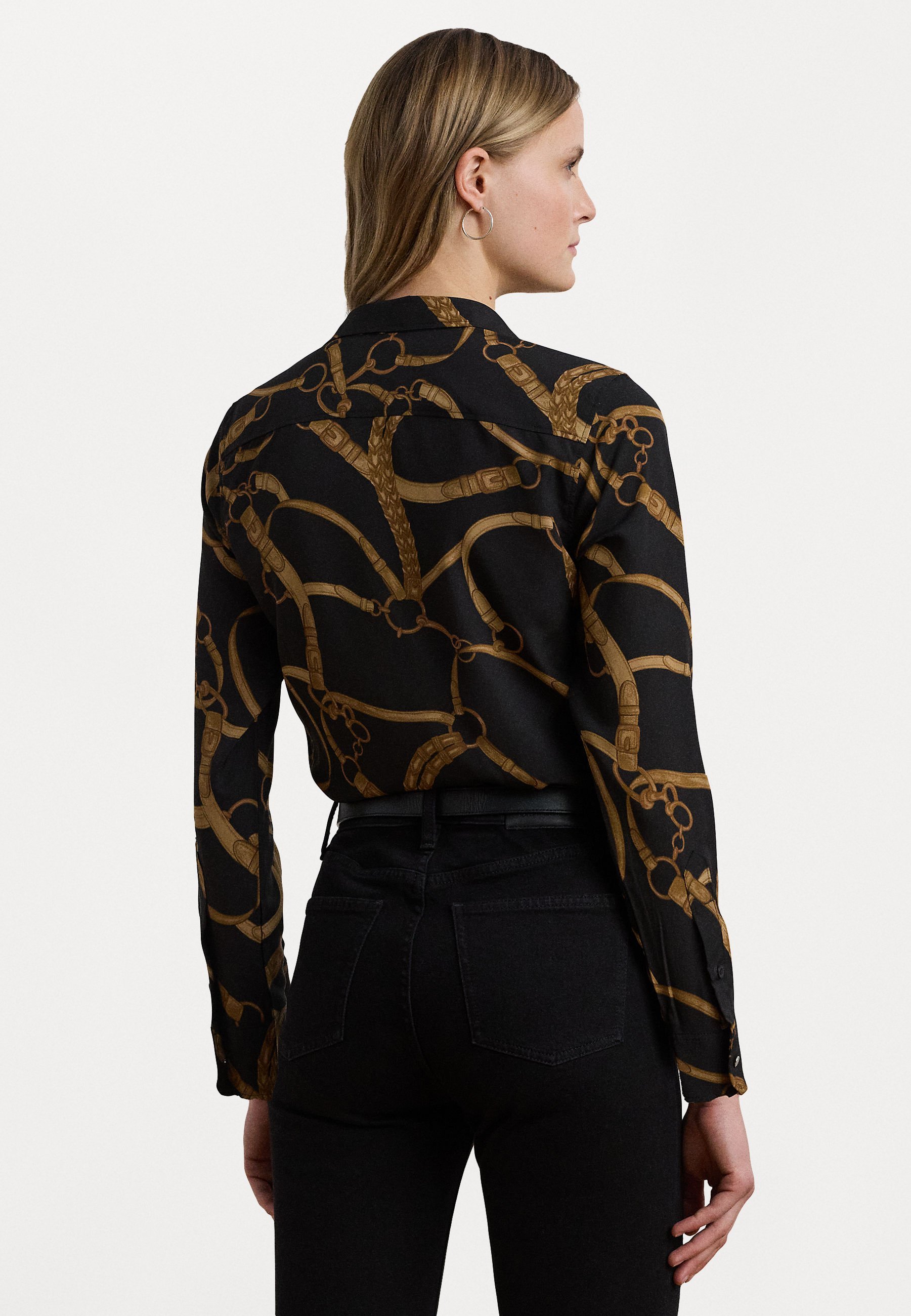 Lauren Ralph Lauren Bluse aus Crêpe mit Gürtelprint und klassischer Passform – Knopfleiste – schwarz/braun
