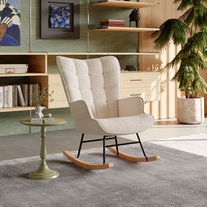 Fauteuil à bascule avec polaire Sherpa, bois massif et cadre en métal, Chaise à Bascule avec dossier haut et assise,beige