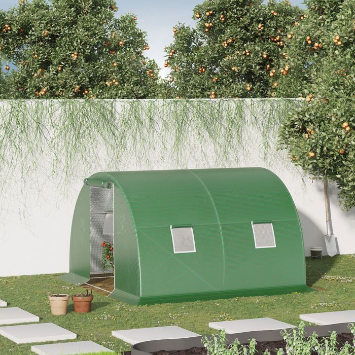 Serre de jardin tunnel - Outsunny - 9 m² - 4 fenêtres porte zippée enroulable - châssis acier galvanisé bâche PE - 3 x 3 x 2 m, vert