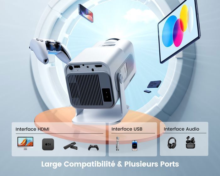 Auto Keystone Mini Vidéoprojecteur 4K Supporté 20000 Lumens Portable FHD 1080P WIFI6 Bluetooth
