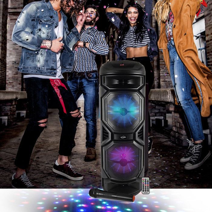 Enceinte SONO DJ BASS sur batterie Lumineuse 800W - Bluetooth, USB, Microphone sans fil, Réglage BASS, 2 Mini Lumières LED