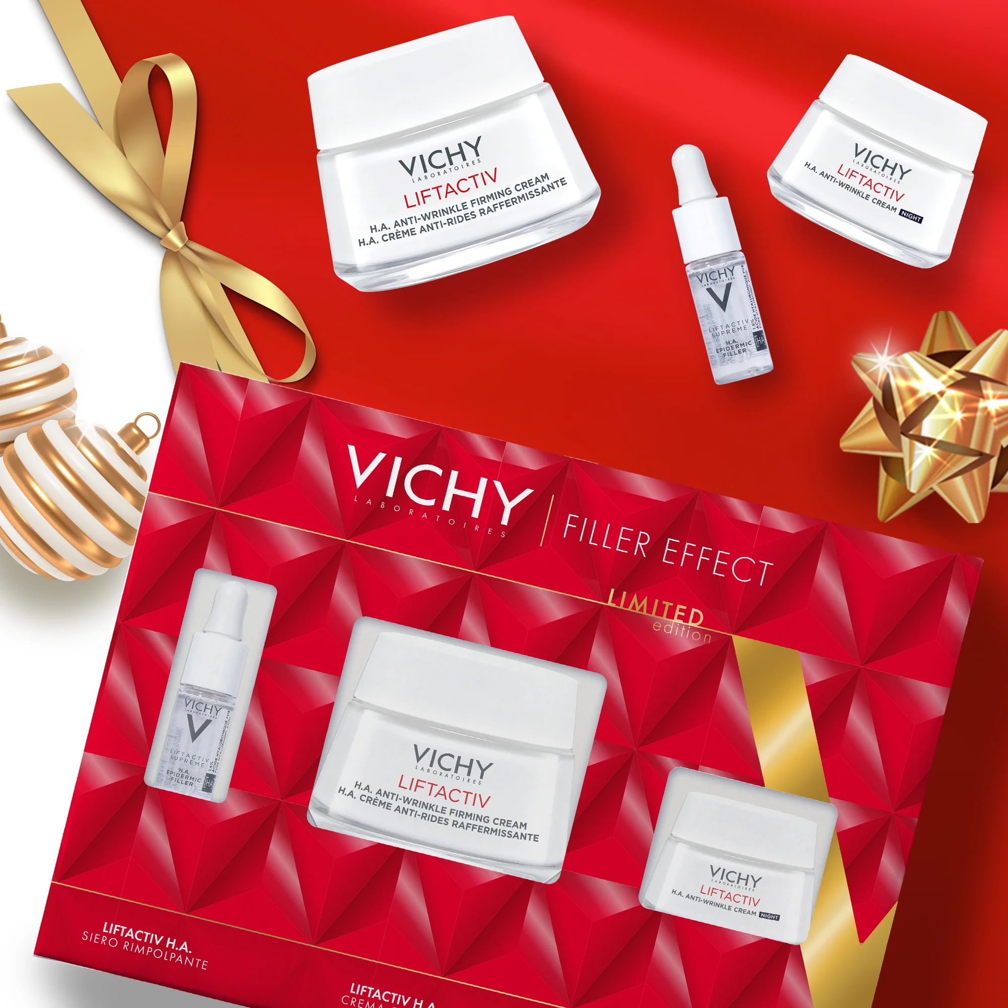 Kit de presente VICHY Liftactiv HA: Creme de dia 50 ml + Sérum preenchedor epidérmico HA 10 ml + Creme de noite Liftactive Supreme 15 ml com efeito preenchedor