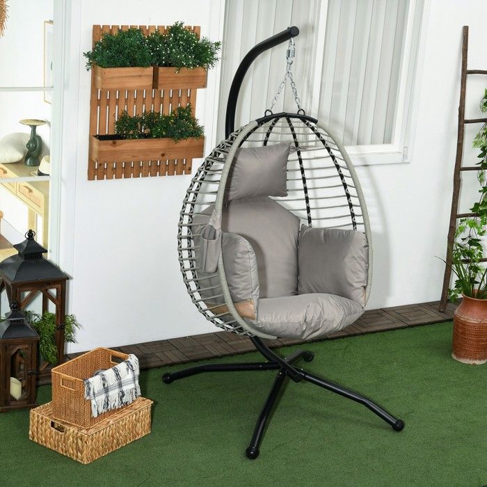 Silla colgante tipo huevo - Outsunny - columpio plegable con cojín y soporte - cuerda metálica - 110x100x188cm - gris