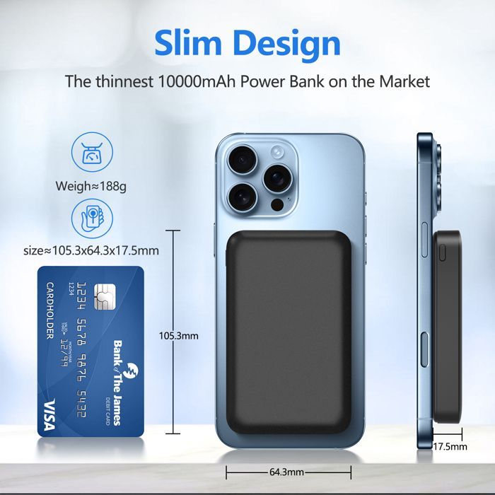 Batterie Externe Magnétique sans Fil 10000mAh, 22.5W Power Bank Noir, Port Type-C, Charge Rapide, Pour iPhone 12 à 16 Coque MagSafe