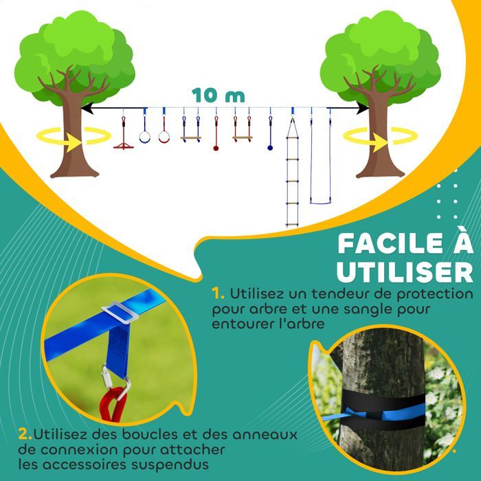 Ninja-hindernisbaan voor kinderen - AIYAPLAY - 10 accessoires - 10 meter slackline en draagtas - blauw