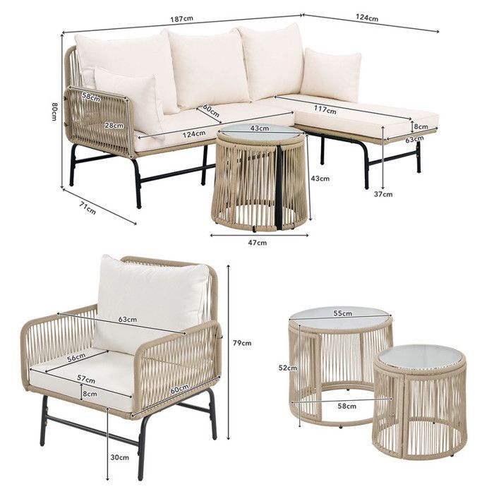 Conjunto de muebles de jardín de hierro MODERNLUXE para 5 personas: 2 sofás, 2 sillones y 2 mesas de centro apilables, con todos los cojines incluidos. Color beige.