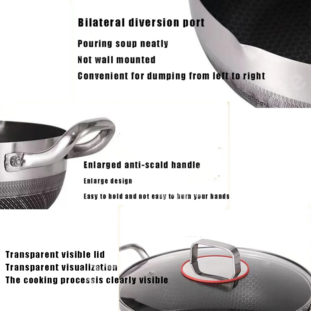 Wok en acier inoxydable 316, 30 cm, antiadhésif, compatible induction et gaz, ustensile de cuisine durable.