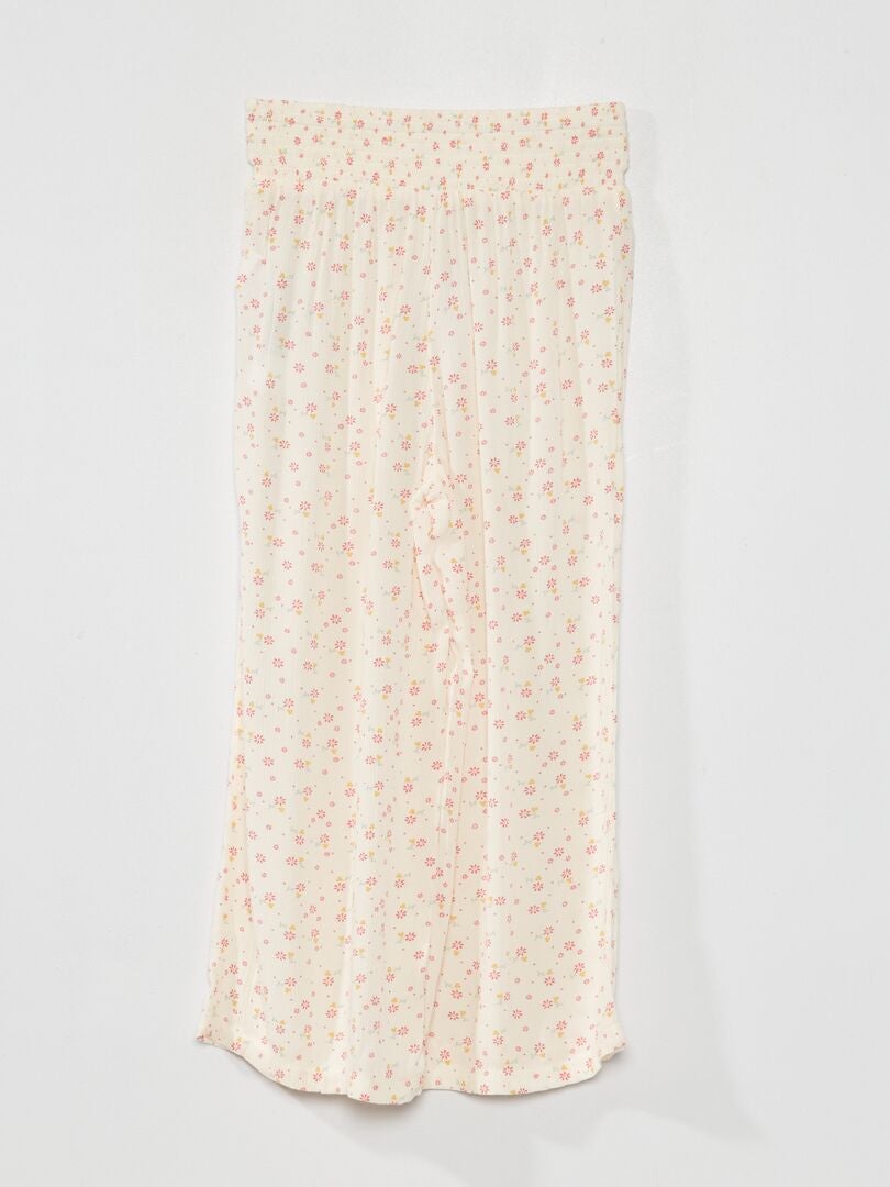 Wijde broek van stof met reliëfbloemenprint - BEIGE