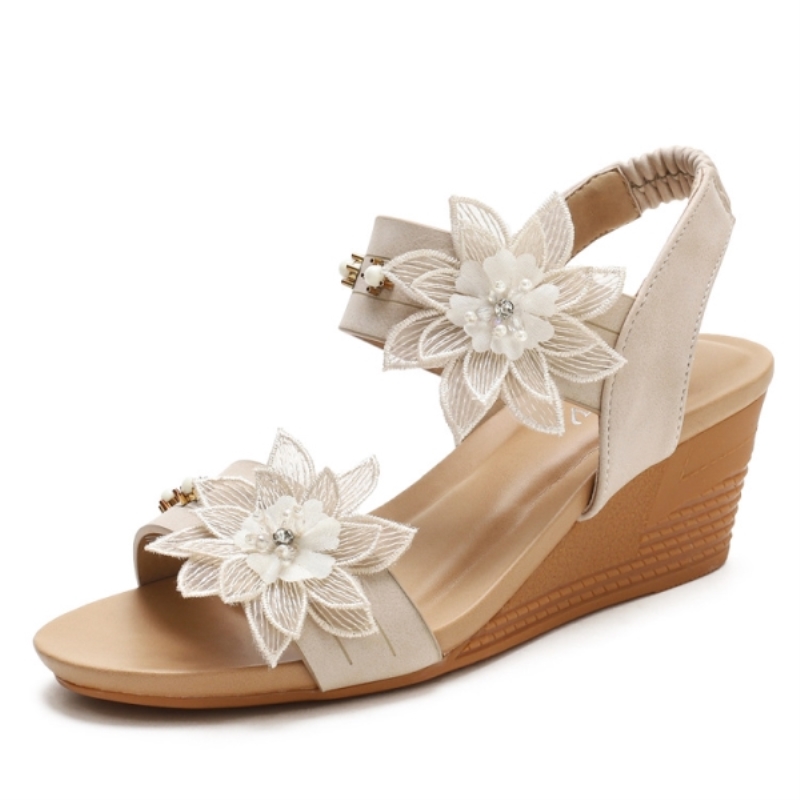 Sandales compensées pour femmes, chaussures décontractées d'été style gladiateur, style romain, ornées de fleurs, strass et perles, sandales pour femmes