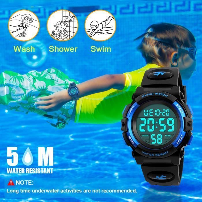 Bracelets de Montres Bleu, LED Montre Enfant Garcon, 12/24H avec Réveil Montres Sport