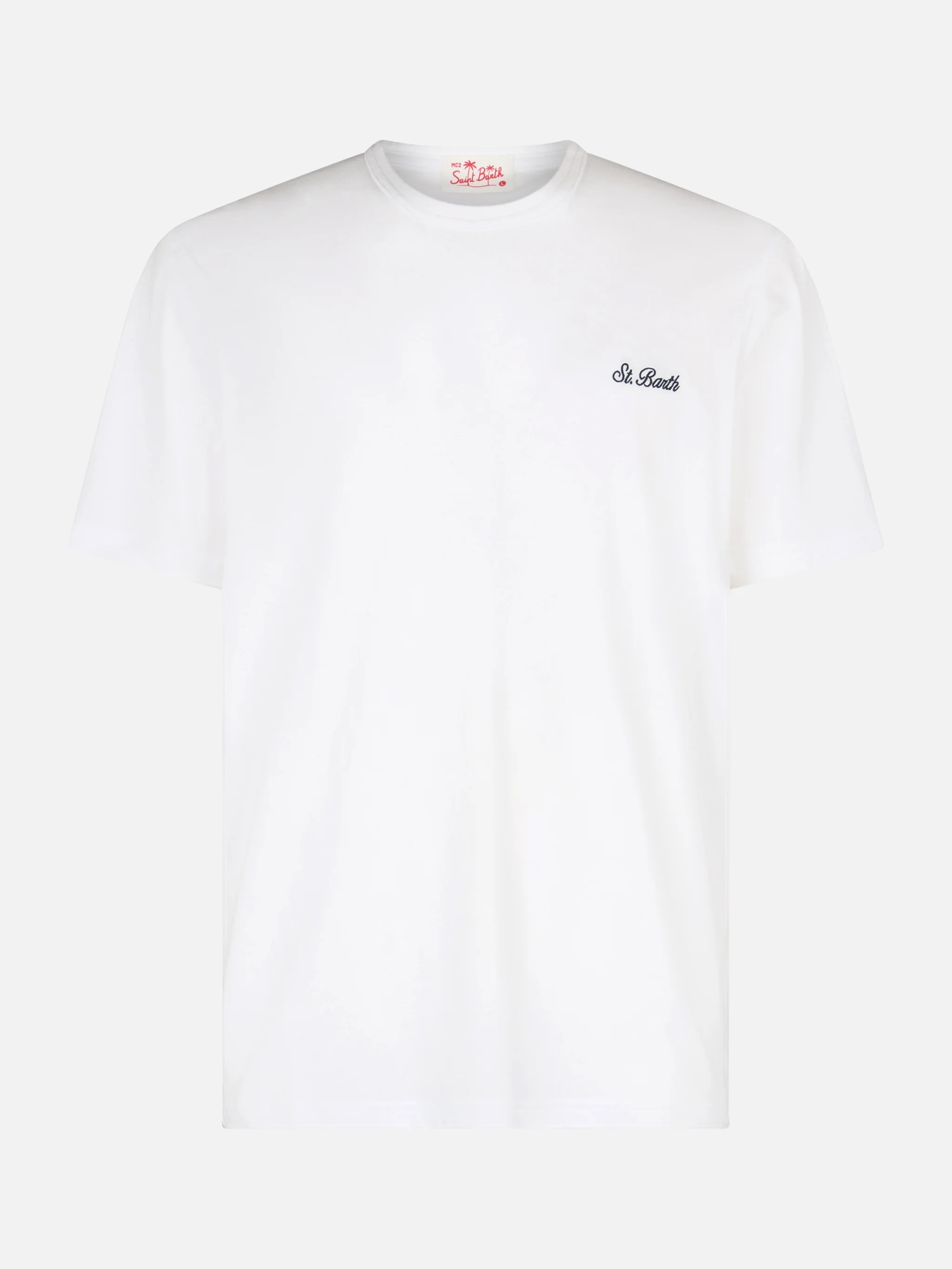 Dover heren T-shirt van wit katoenen jersey met logo-borduurwerk, stukgeverfd, ronde hals, klassieke pasvorm | MC2 Saint Barth