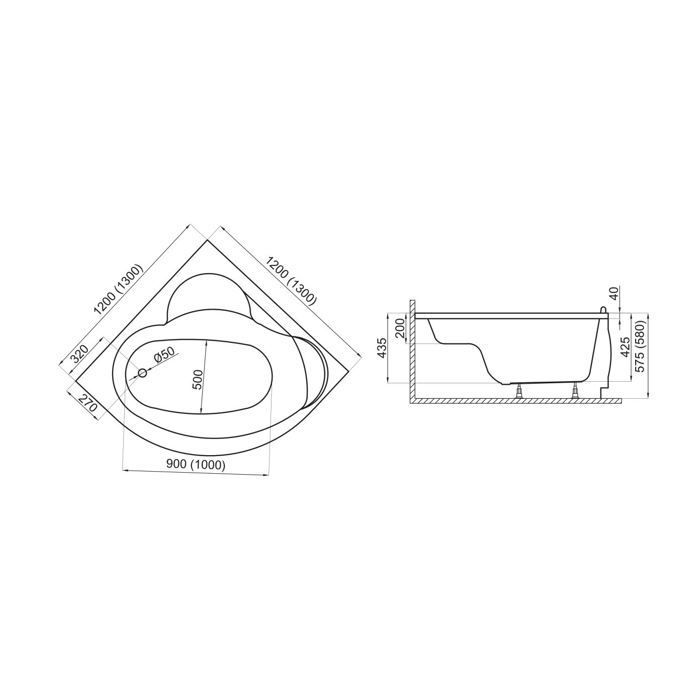 Baignoire Bain d'angle 120x120 + tablier en acrylique Siphon +pieds STANDARD