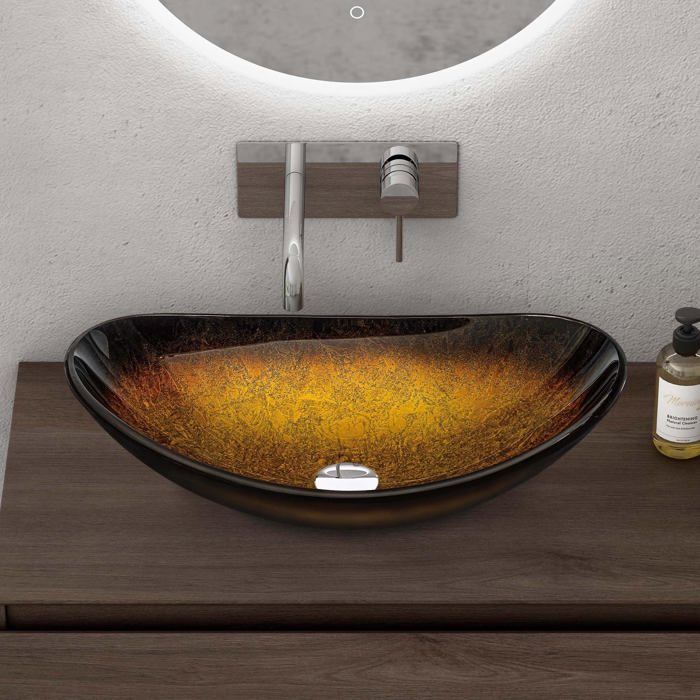 Lavabo de encimera doporro, lavabo de cristal dorado, lavabo ovalado para baño, lavabo pequeño para inodoro, 53,5 x 35,5 x 16 cm, Minerva08