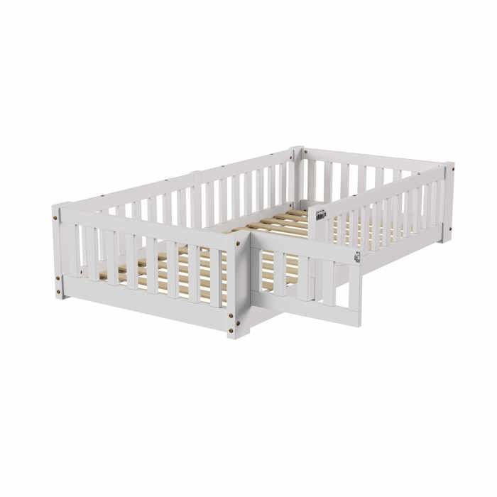Cama baja de 90x190 cm, cama infantil Montessori con barandilla de seguridad y somier de láminas, madera maciza de pino, cama individual tipo litera, blanca.