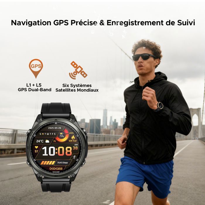 DOOGEE Anywise W1 Montre Connectée – 5ATM Etanche, GPS Double Fréquence, 170+ Modes Sportifs, Écran AMOLED 1.43'' - Noir