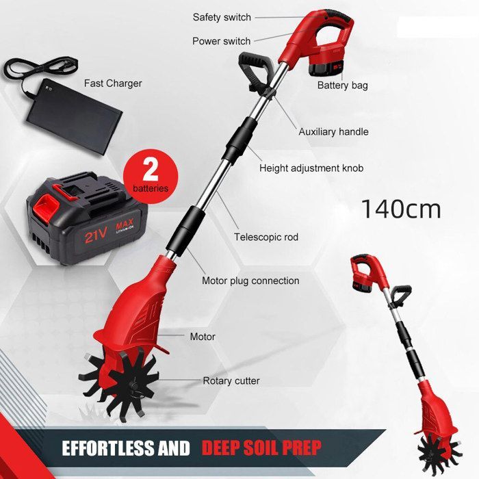Motocultor eléctrico de 21 V, inalámbrico, con 2 baterías, 25 cm de ancho, 15 cm de profundidad, 360 RPM, ideal para huertos y jardines.