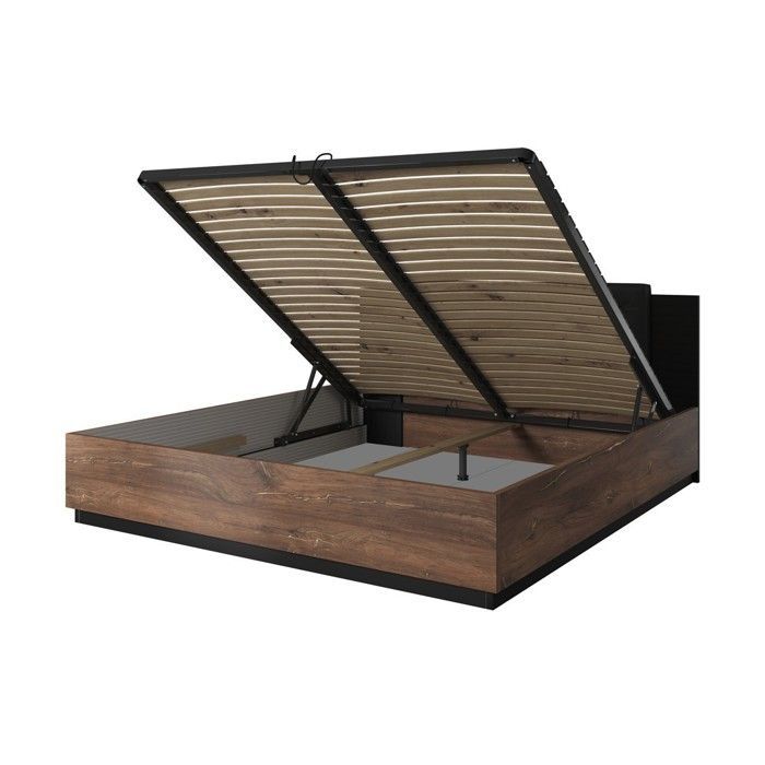 Chambre complète FOX – Lit coffre 180x200, sommier inclus, Armoire, Commode, Chevets – Chêne foncé