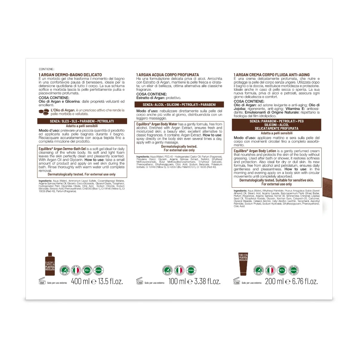 EQUILIBRA Coffret corps Equilibra Argan Dermo Bain délicat 400 ml + eau de bain parfumée 100 ml + crème corporelle régénérante 200 ml