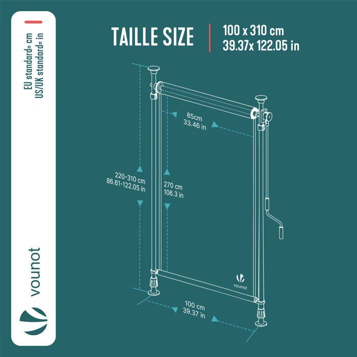 Persiana vertical VOUNOT®, sin necesidad de taladrar, 100x310cm, extensible - Pantalla de privacidad para exteriores para balcón, terraza, jardín - Poliéster - Gris