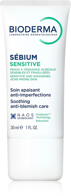 Bioderma Sébium Sensitive, eine intensiv feuchtigkeitsspendende und beruhigende Creme für trockene und gereizte Haut, die durch Aknebehandlungen verursacht wird.