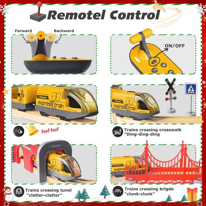 Trem elétrico com controle remoto para trilhos de madeira, trem motorizado com 4 efeitos de som e luz para crianças de 3, 4, 5 anos ou mais.