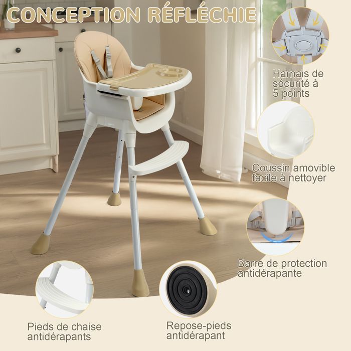 Trona para bebé - ALIGHTUP - Trona convertible, dos alturas ajustables, cojín y bandeja extraíbles - Beige