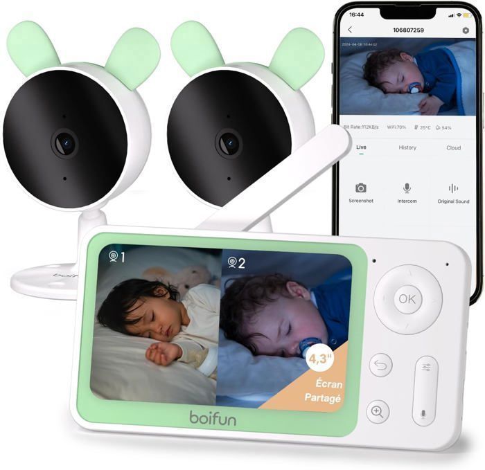 Babyphone 2 Cameras 1080P, 4,3” Camera Bebe, APP Contrôle, Détection de Mouvement et de Son, Zoom 4X, Vision Nocturne, Alarme