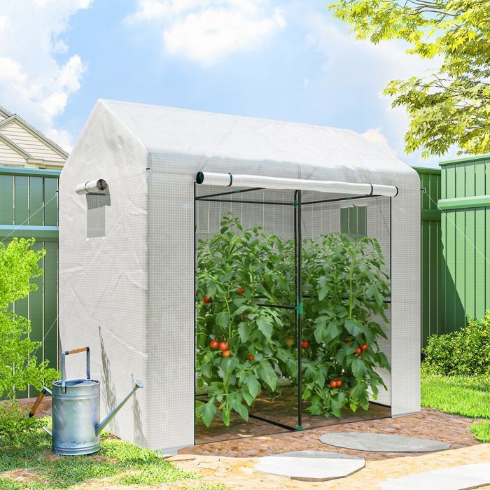 Garden greenhouse - Outsunny - PE - reinforced 135 g/m² cover - steel frame - roll-up zippered door - 200 x 140 x 200 cm - white