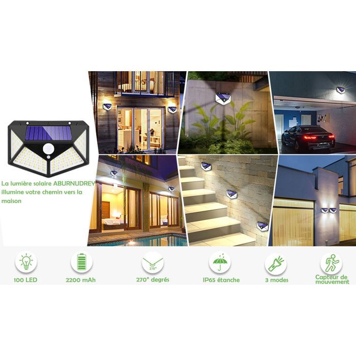 Lampe solaire extérieure 4 Pack 100LED 2200mAh 3 modes - AUDBURN - Noir - Détecteur de Mouvement