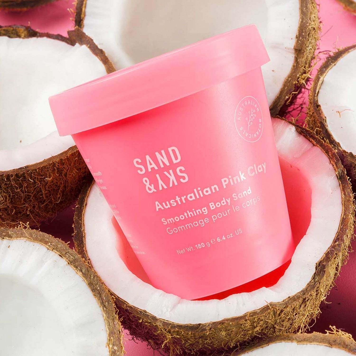 Sand & Sky ķermeņa skrubis ar Austrālijas rozā māliem – izlīdzinošas ķermeņa smiltis – 180 g