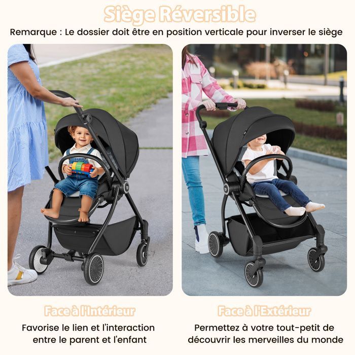 COSTWAY Foldable Baby Stroller with Reversible Seat & Reclining Backrest, Lower Basket, 5-Point Harness, 15 kg, Black