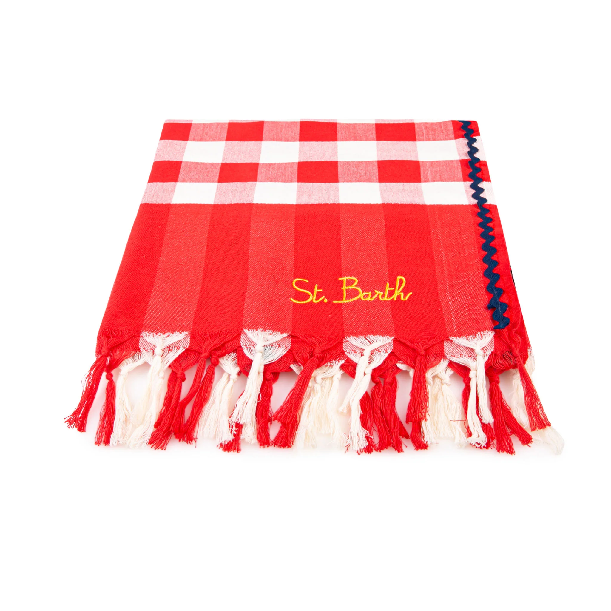Fouta à bordure bleu marine ondulée et imprimé vichy