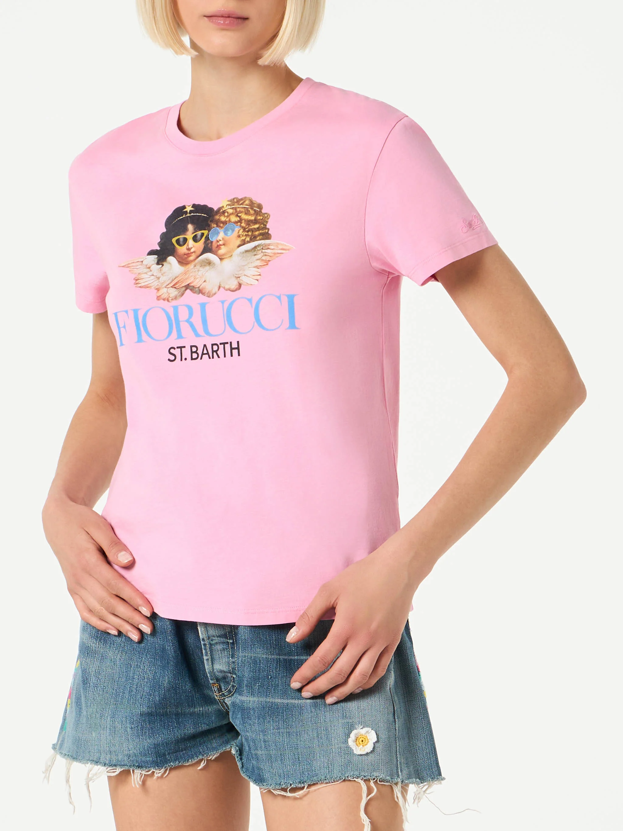 Woman Pink Cotton T-shirt with Fiorucci Special Edition, St. Barth Logo, Round Neck, Short Sleeves | Fiorucci Special Edition | MC2 Saint Barth